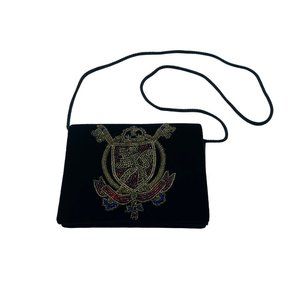 Vintage Carolyne Barton Black Velvet Crossbody Purse Coat of Arms 7" x 5.5"
